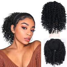 Curly Drawstring Ponytail Extension for Black Women Short Kinky Synthetic Hairpiece Heat Resistant