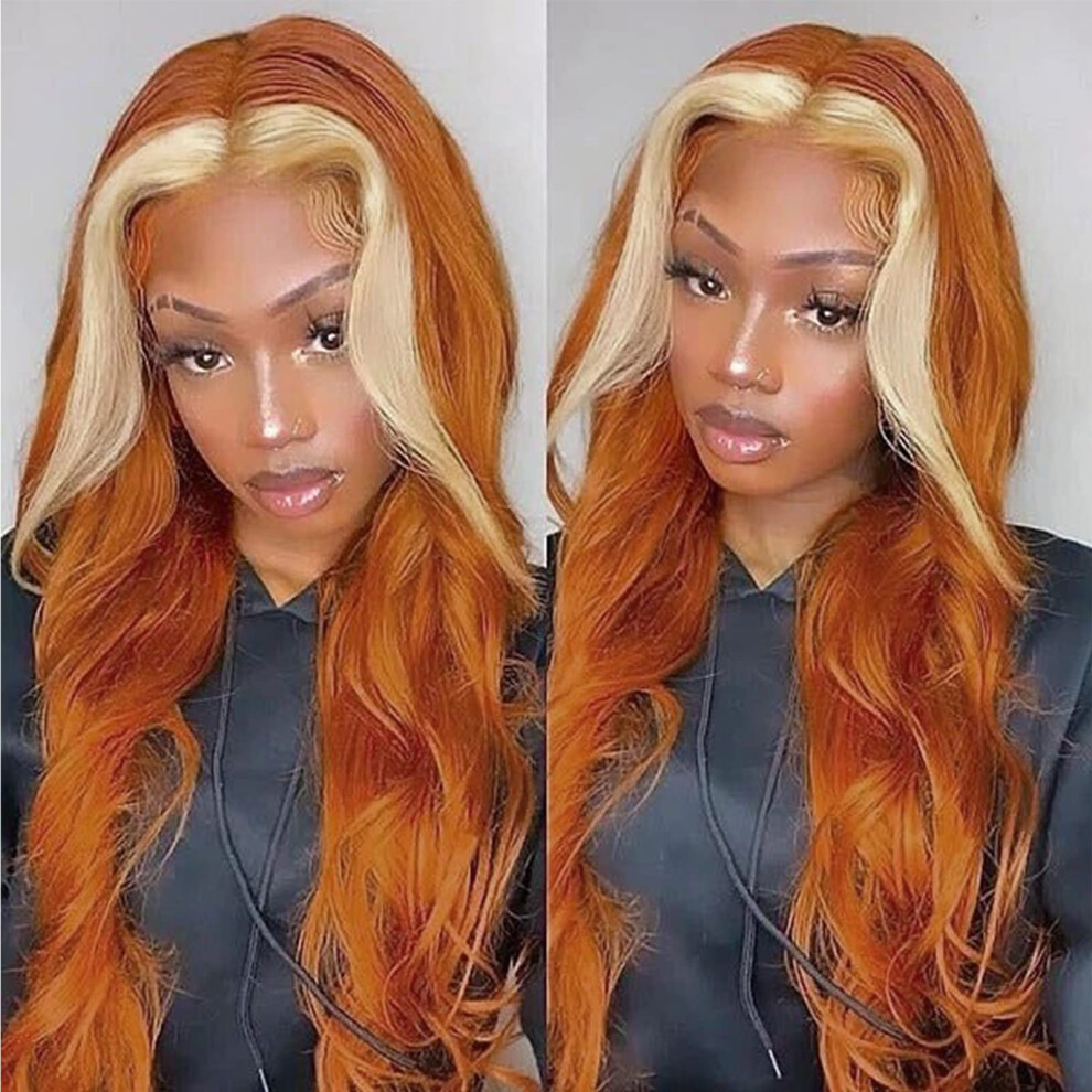Unisex Long Wavy Highlight Wig For Women 28 Inch Synthetic Ombre Blonde Streaks Middle Part Full Volume Waves
