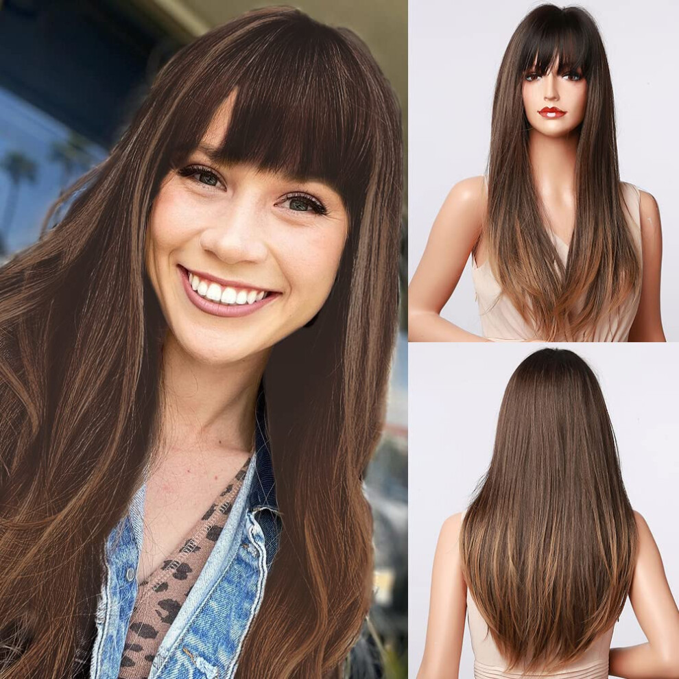 26 Inch Ombre Wig with Bangs, Synthetic Long Straight Brown to Blonde with Golden Highlights for Women
