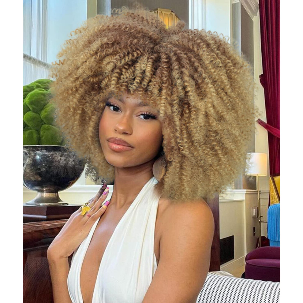 Unisex Black Afro Curly Wig With Bangs Ombre Blonde Kinky Curls Synthetic Wig For Women 12 Inch