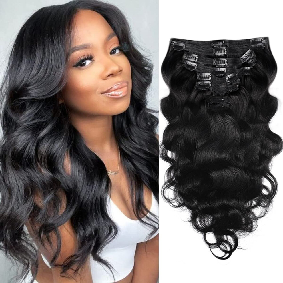 Unisex Black Body Wave Brazilian Clip In Hair Extensions Human Hair 8Pcs Remy Hair Extensions Clip For Women 120G (14Inch, Natural )