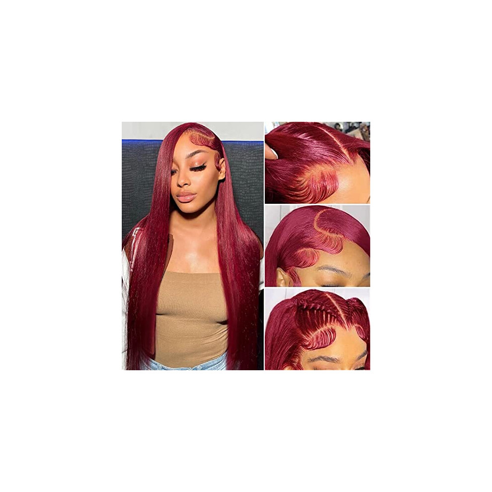 Unisex Red Colo Lace Front Wig 99J Burgundy Human Hair 13X4 Glueless Pre Plucked 180 Density 16 Inch