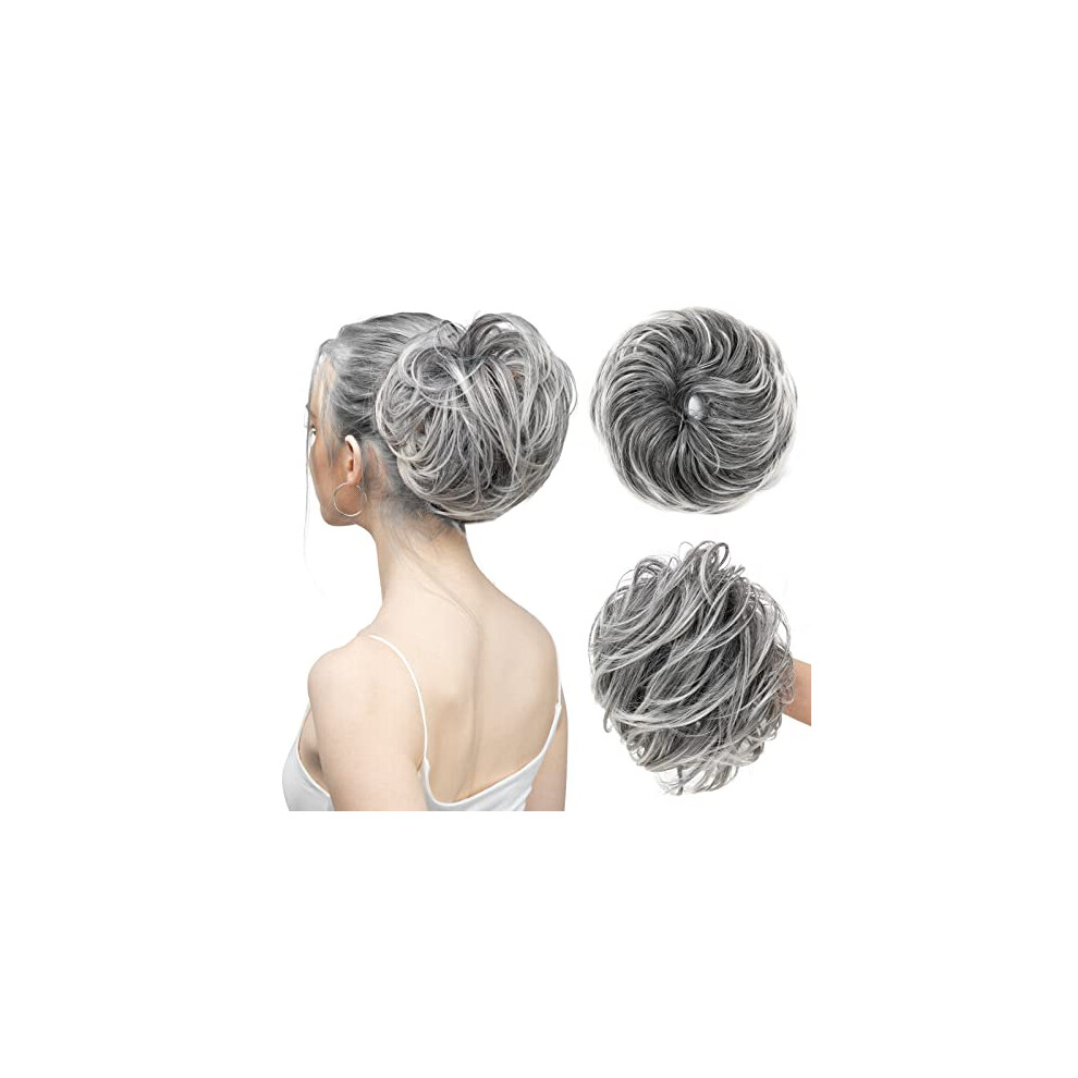 Unisex Messy Hair Bun Extension For Women With Natural Hairlike Texture, Salt And Pepper Synthetic Updo