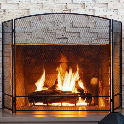 Wrought Iron Fireplace Screen with Fireproof Safety Barrier, Foldable Three Panel Spark Guard 2
