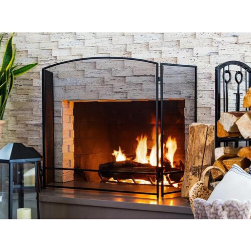 Wrought Iron Fireplace Screen with Fireproof Safety Barrier, Foldable Three Panel Spark Guard 1