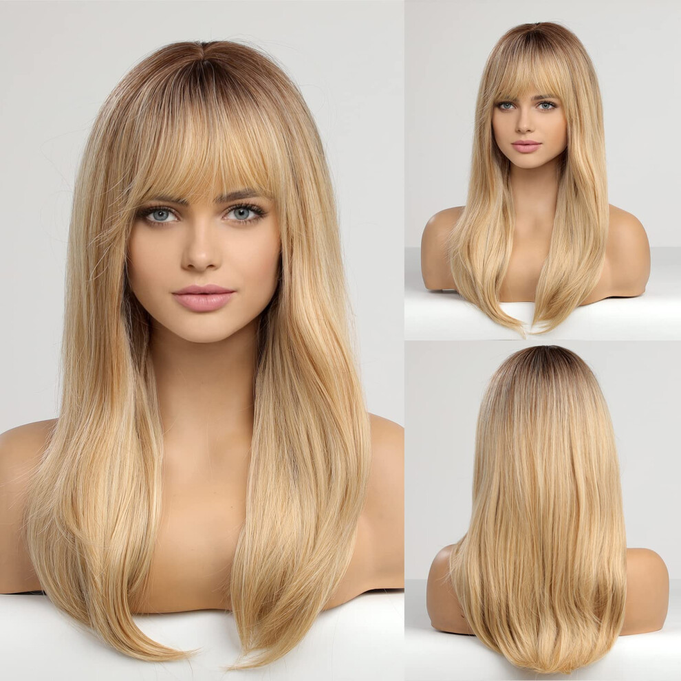 Unisex Dark Long Layered Synthetic Hair Wig With Bangs Blonde Roots Natural Wavy Look For Women