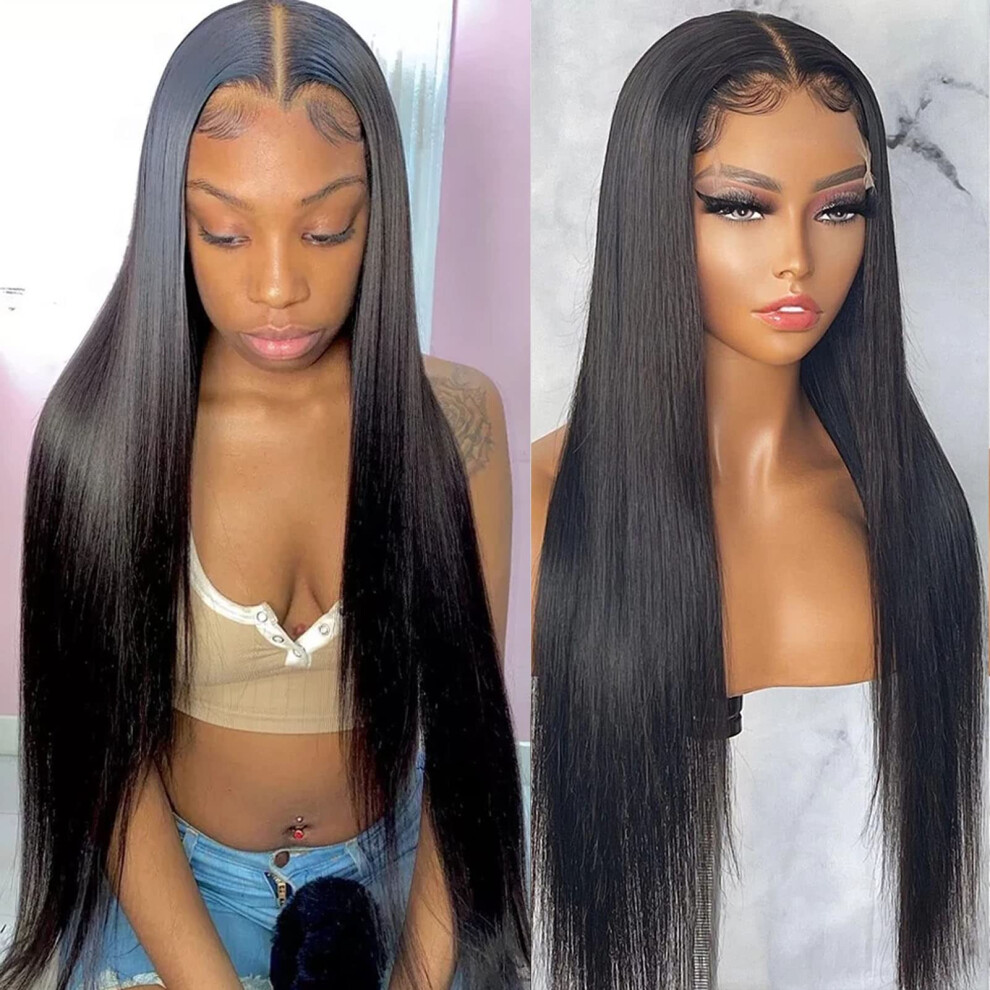 Unisex Black Human Hair Lace Front Wig 13X4 Glueless Brazilian Straight For Women Pre Plucked 150% Density
