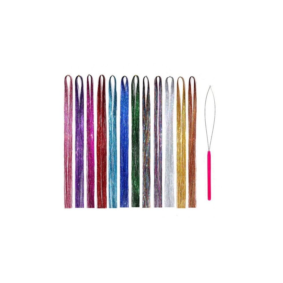 Unisex Hair Tinsel Extensions 90Cm With Tool 12 Colors 1440Pc Synthetic Strands For Sparkling Highlights