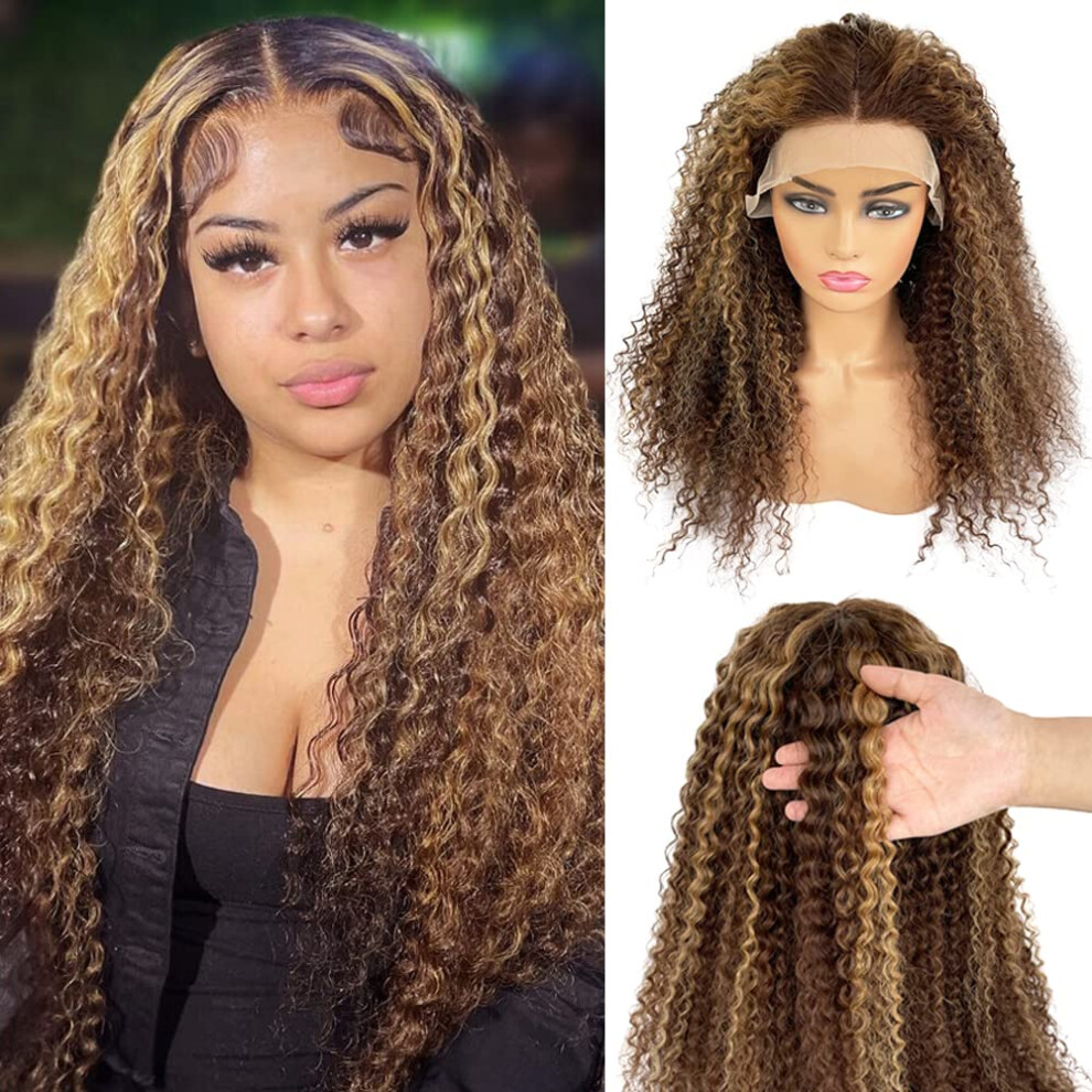 Unisex Brown 20 Inch Curly Human Hair Lace Front Wig Chocolate Honey Blonde Highlights Pre Plucked Bleached Knots 150% Density