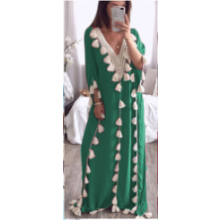 (One Size, Green) Damesjurk met kwastjes, lange V-hals, vleermuismouwen, losse pasvorm, zomerse strandjurk/cover-up