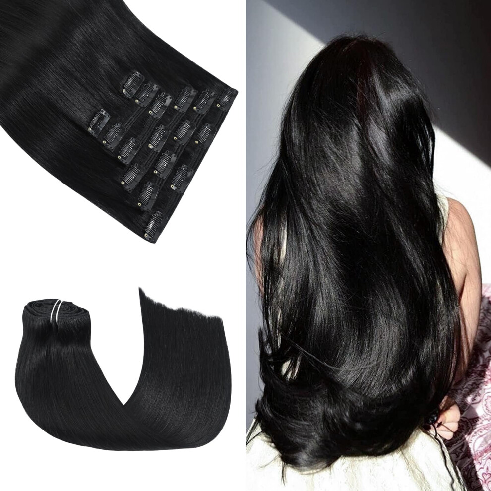 Unisex Black Clip In Human Hair Extensions 20 Inch Natural 120G Straight Remy Real Hair For Women