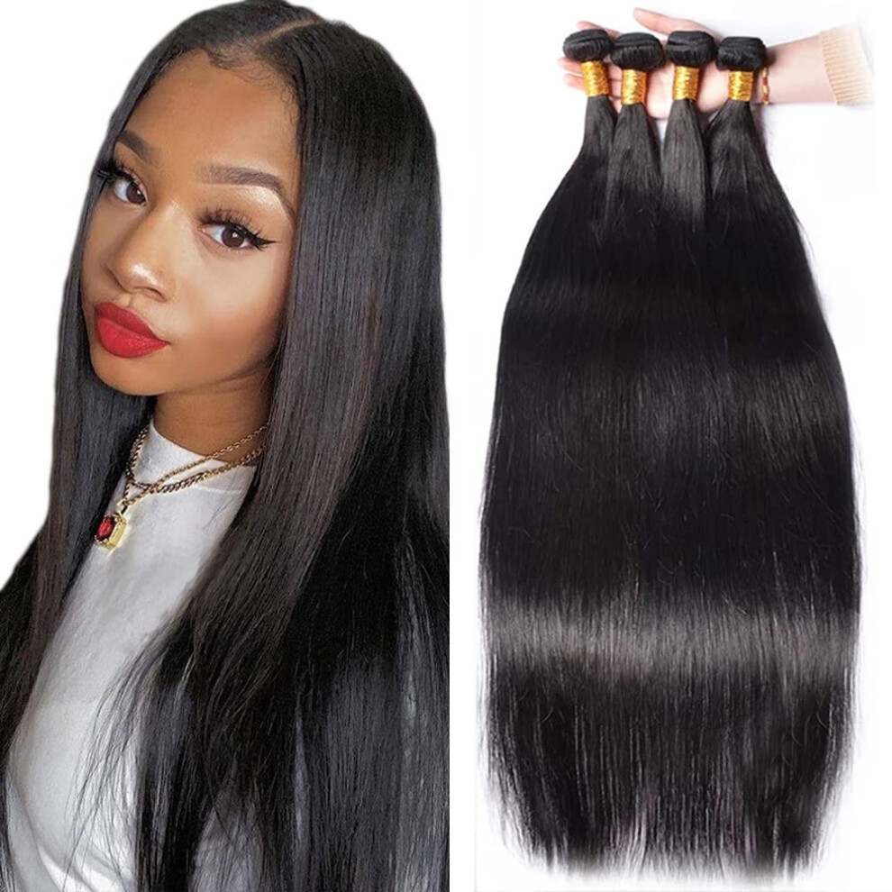 Unisex Black Brazilian Virgin Human Hair Bundles Natural Straight Remy Extensions 4Pcs 1420 Inch