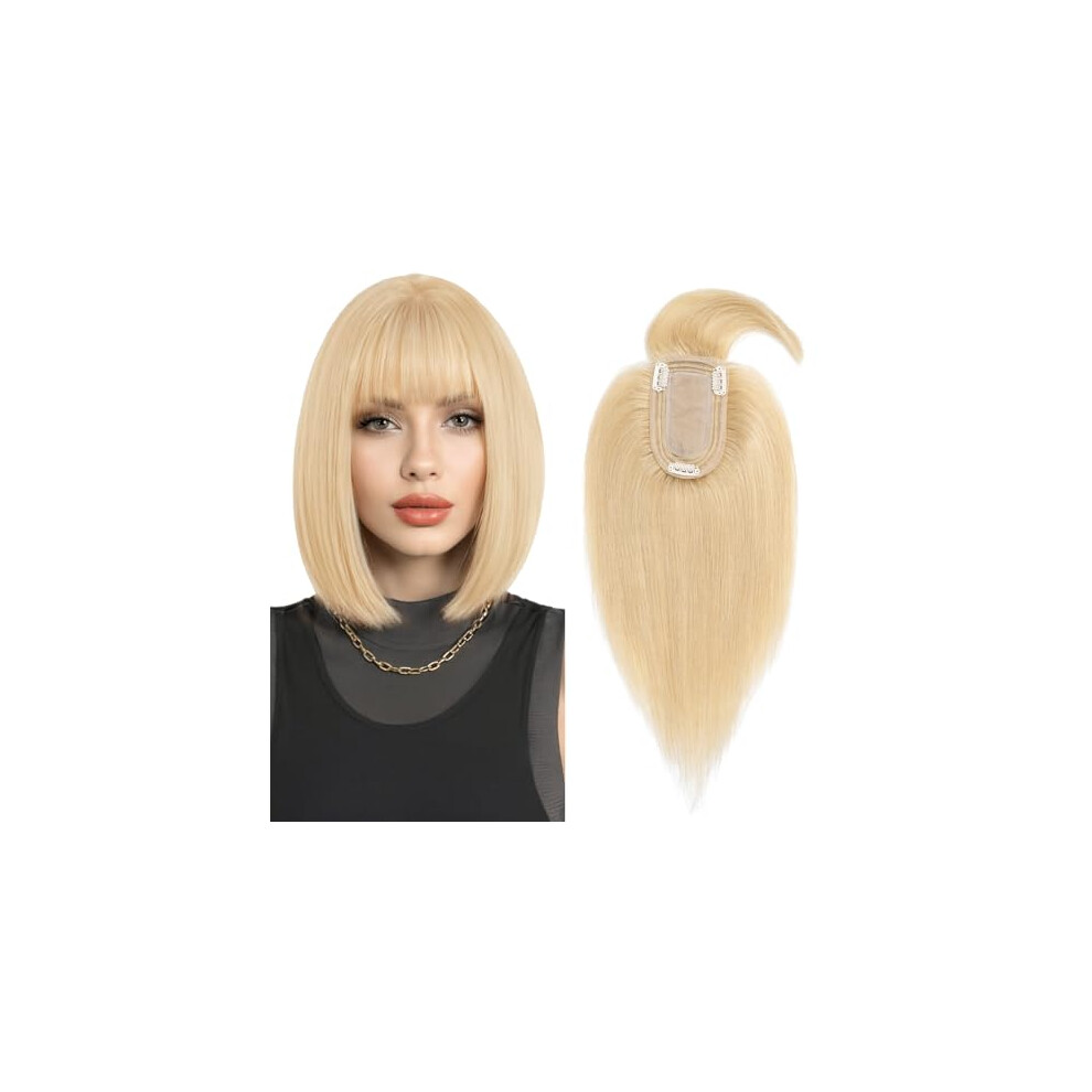Unisex Gray Human Hair Topper With Bangs For Thinning Hair, 360 Silk Base, Clip In Fringe, Blonde 10''