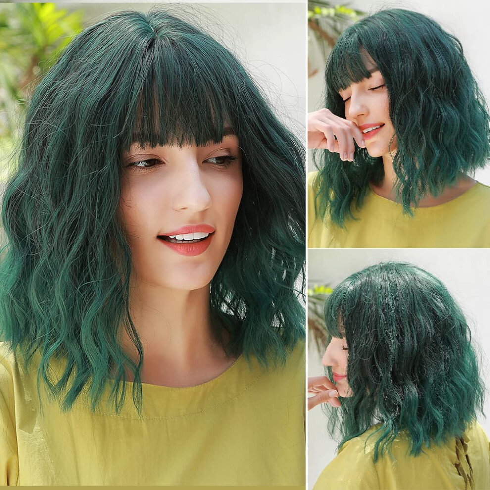 Unisex Blue Synthetic Wig With Bangs, Short Wavy Heatresistant Fiber, Natural Hairline, Adjustable Cap, Cyan