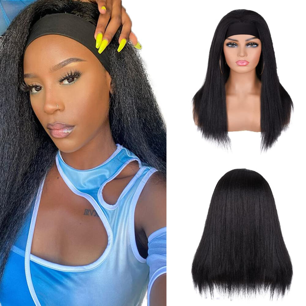 Unisex Black Kinky Straight Headband Wig 14 Inch Yaki Texture No Glue Brazilian Virgin Hair For Women