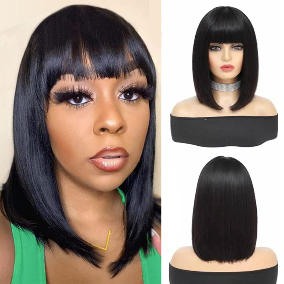 Unisex Black Bob Wig With Bangs Human Hair 14 Inch Blunt Cut Glueless Brazilian Virgin Natural