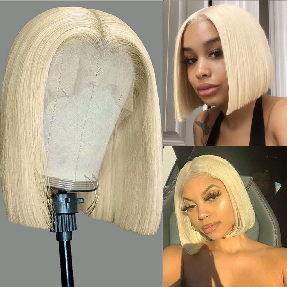 Unisex 613 Blonde Lace Front Wig Human Hair Bob, Pre Plucked Hairline, 10 Inch, 150% Density