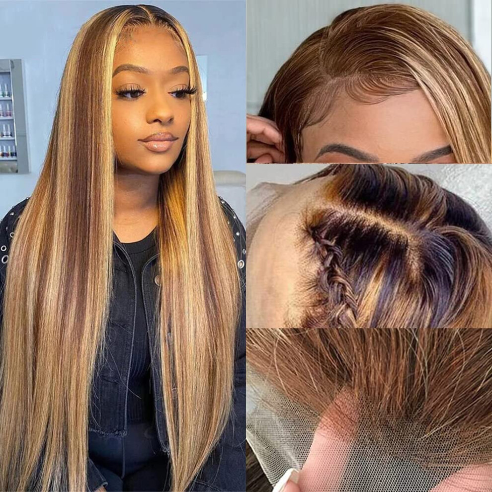 Unisex Black 32 Inch Ombre Lace Front Human Hair Wig Honey Blonde Highlights Pre Plucked 180% Density Brazilian Virgin Hair