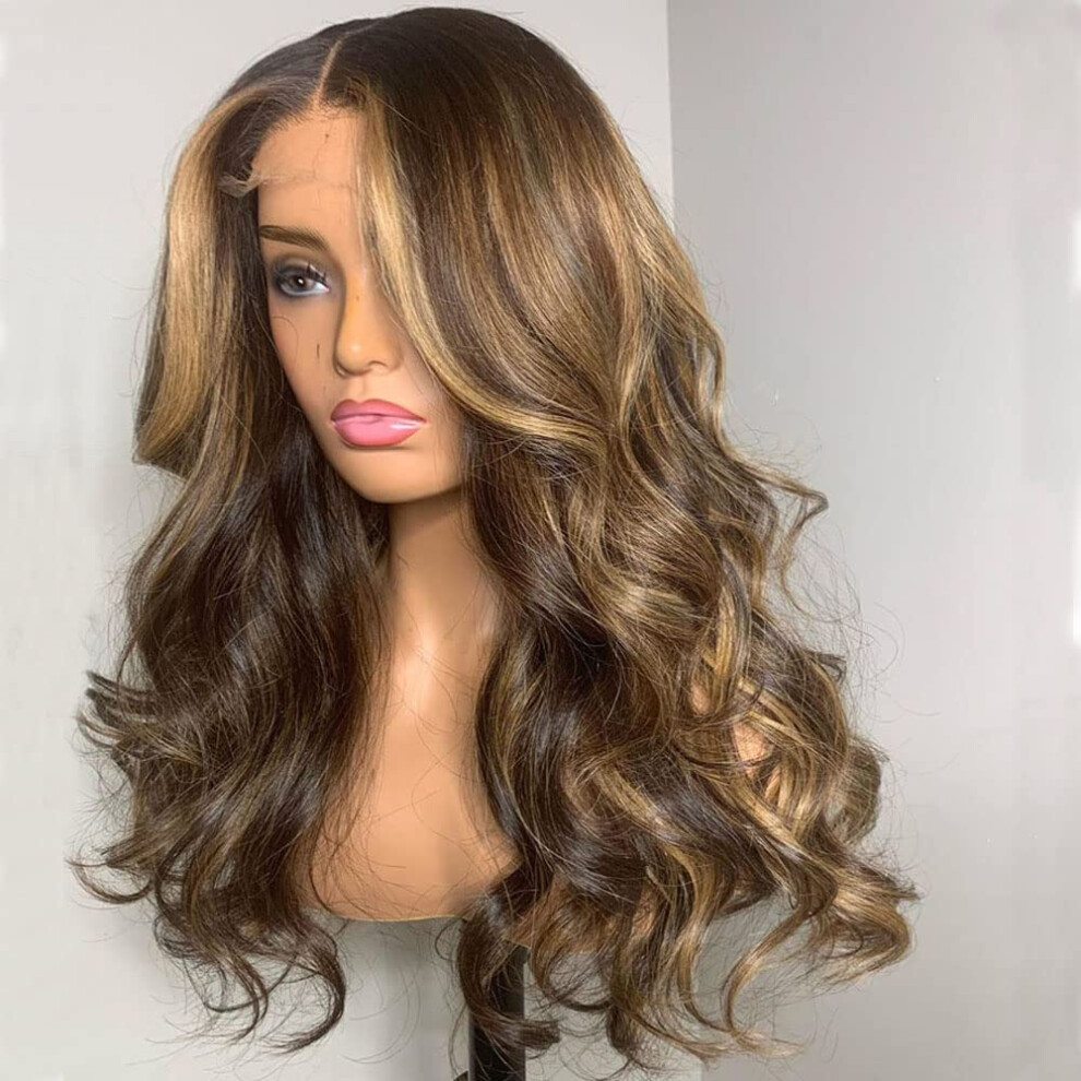 Unisex Black,Brown 18 Inch Highlight Blonde Brown Brazilian Human Hair Lace Front Wig Glueless Preplucked For Black Women