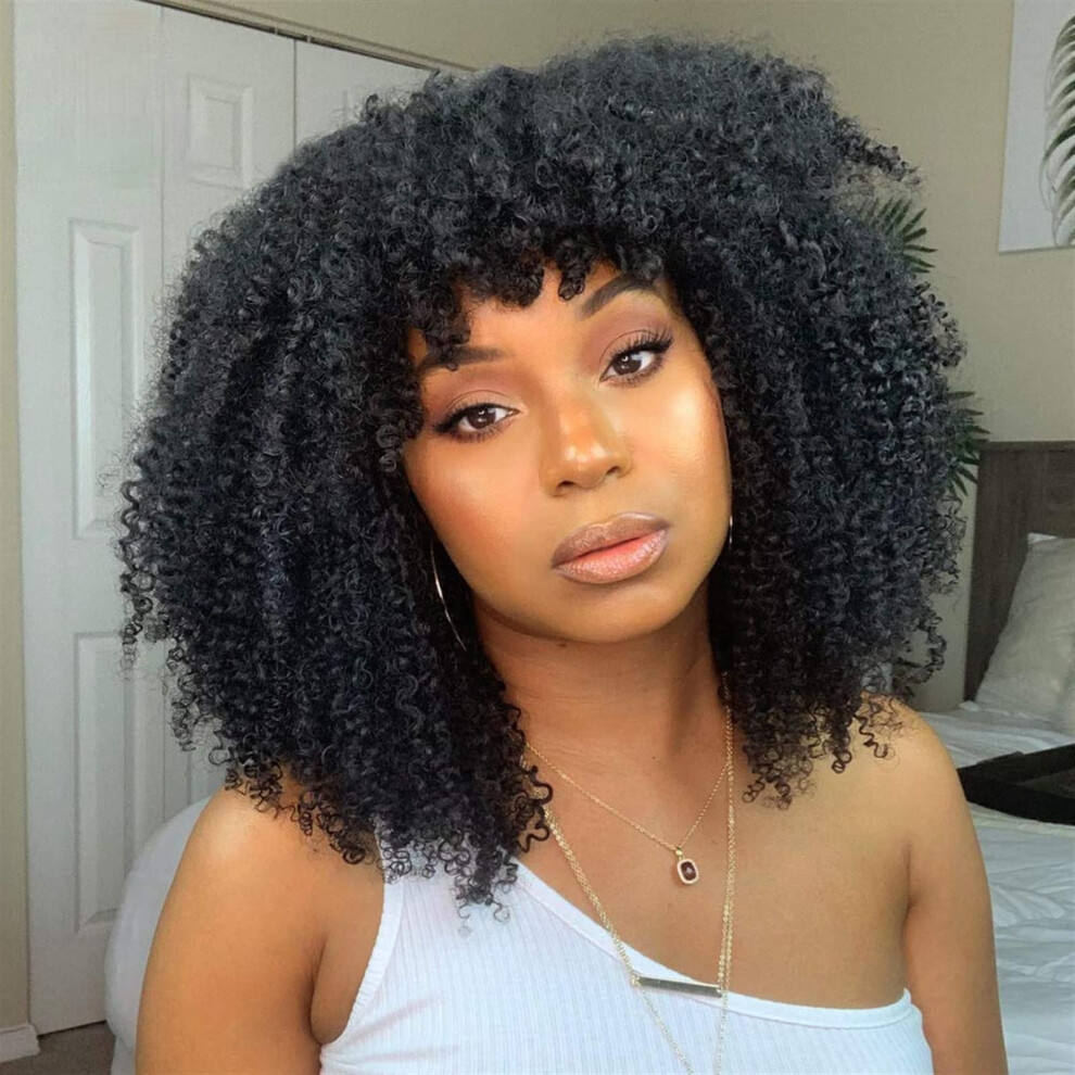 Unisex Afro Kinky Curly Wig With Bangs 100% Indian Remy Human Hair 16 Inch 180% Density Glueless