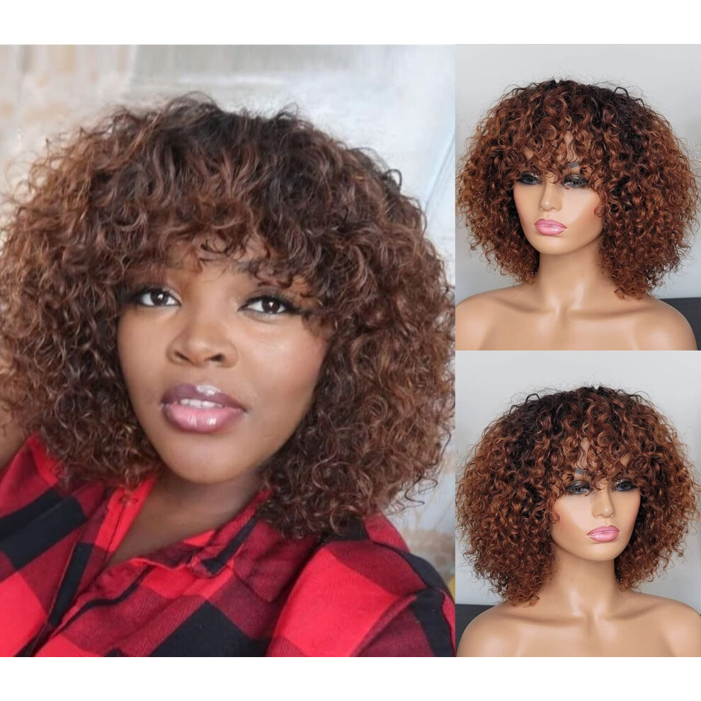 Unisex Black 12 Inch Ombre Human Hair Bob Wig With Bangs, Glueless Curly 180 Density Remy Hair For Women