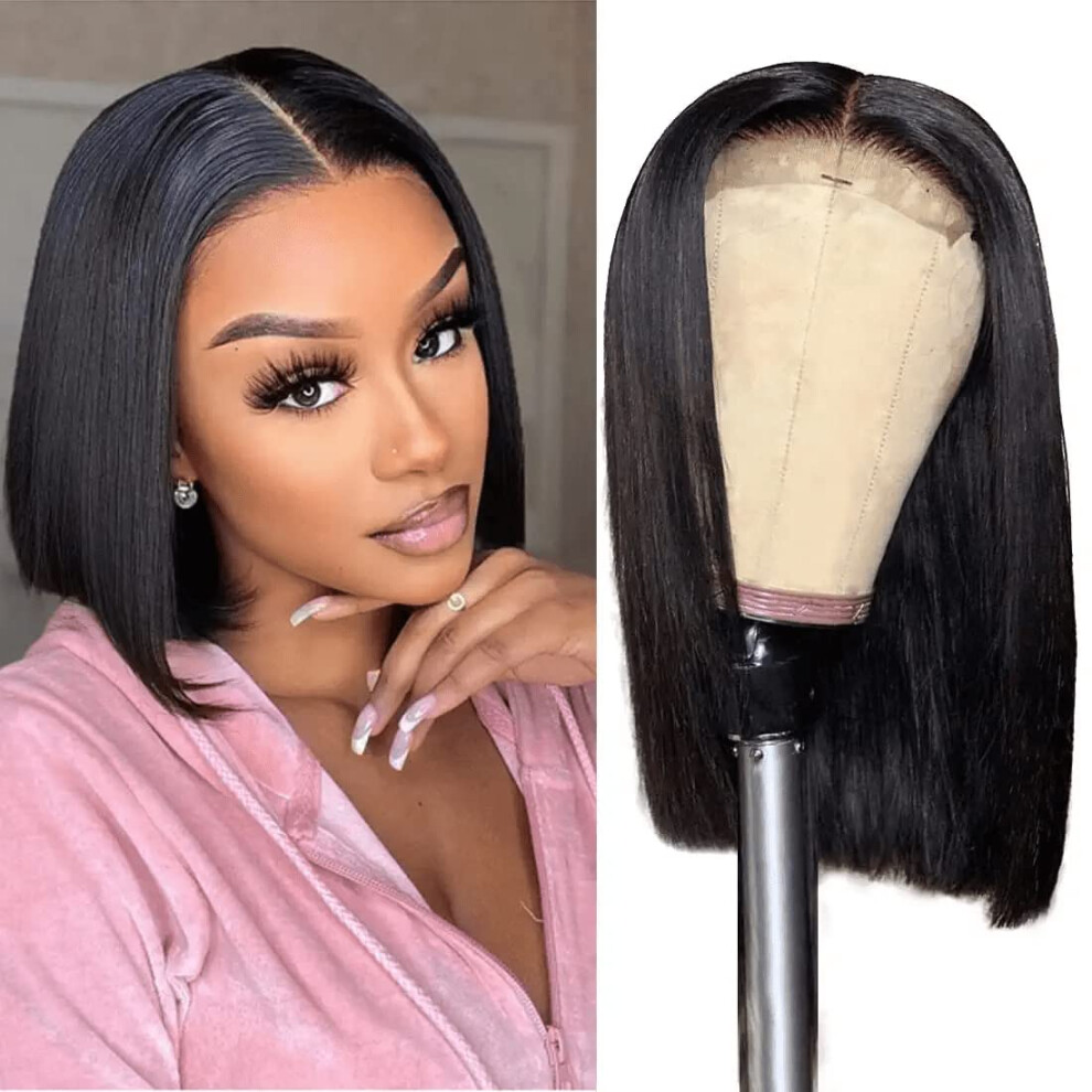 Unisex Human Hair Lace Closure Wig 4X4 Preplucked Brazilian Virgin Straight Bob 150% Density Natural Color