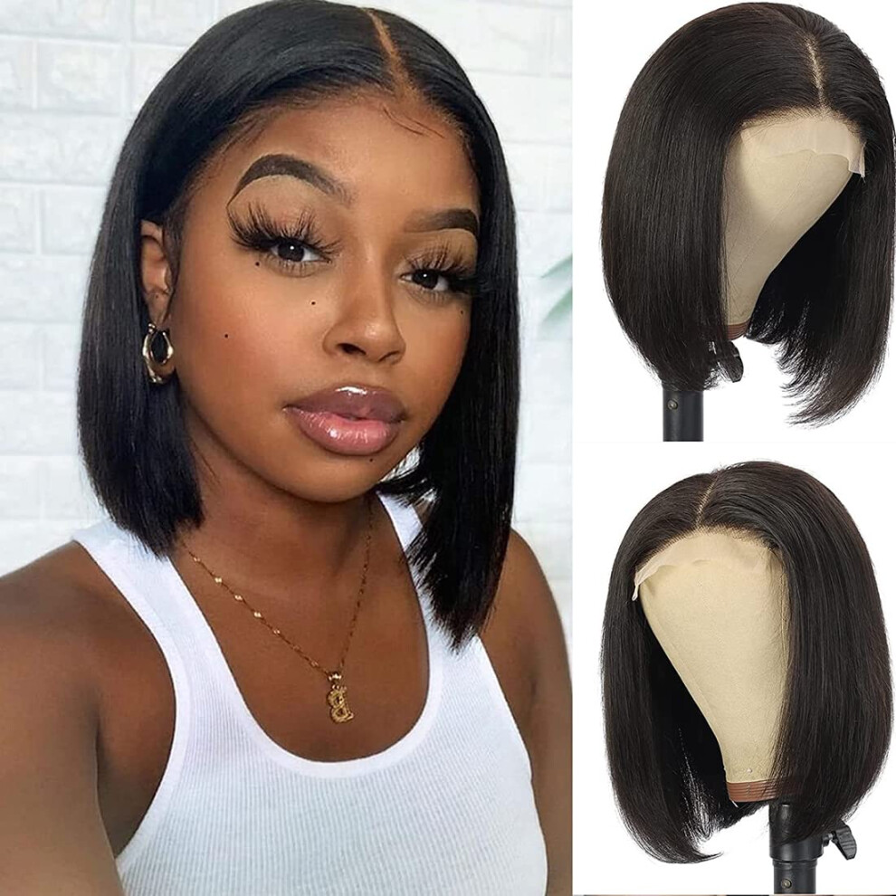 Unisex Bob Wig Human Hair 5X5 Lace Closure Glueless Short Straight 150 Density Natural Hairline 12 Inch