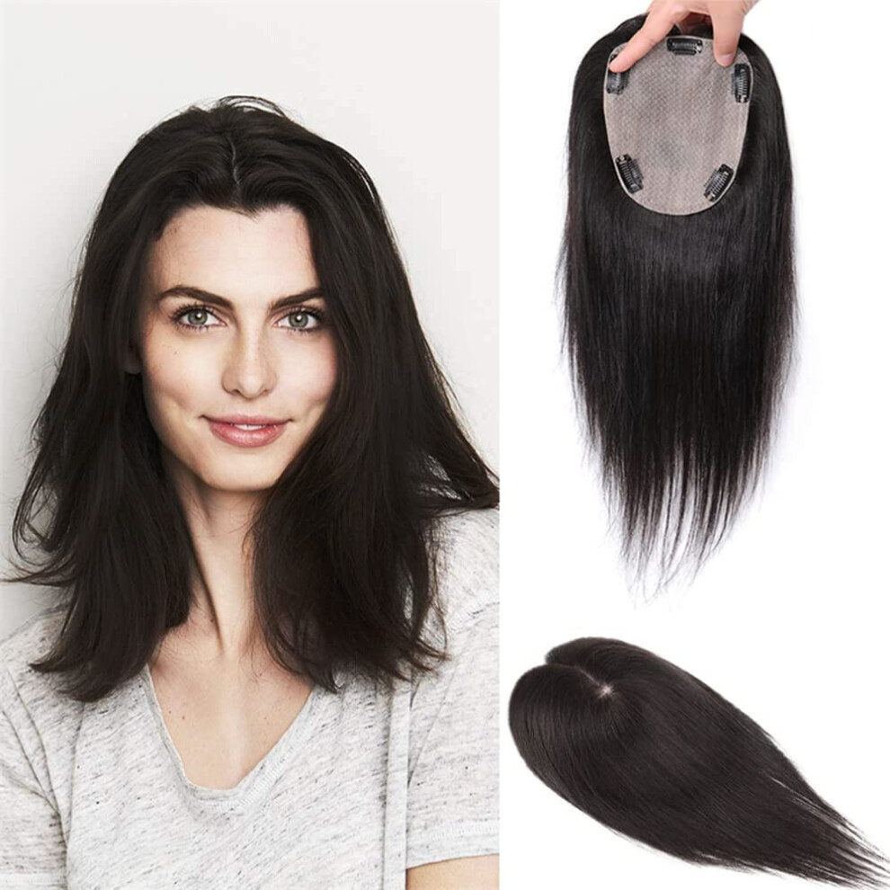 Unisex Black Human Hair Topper 12X13cm Silk Base Wiglet For Thinning Hair Clip In Natural