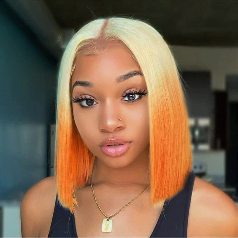 Unisex Orange Blonde And Two Tone Bob Wig 14 Inch Synthetic Shoulder Length Straight Middle Part Cosplay