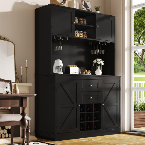 Black Tall Kitchen Cabinet with Wine Rack& Drawers