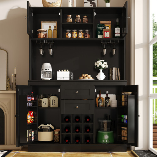 Black Tall Kitchen Cabinet with Wine Rack& Drawers 2