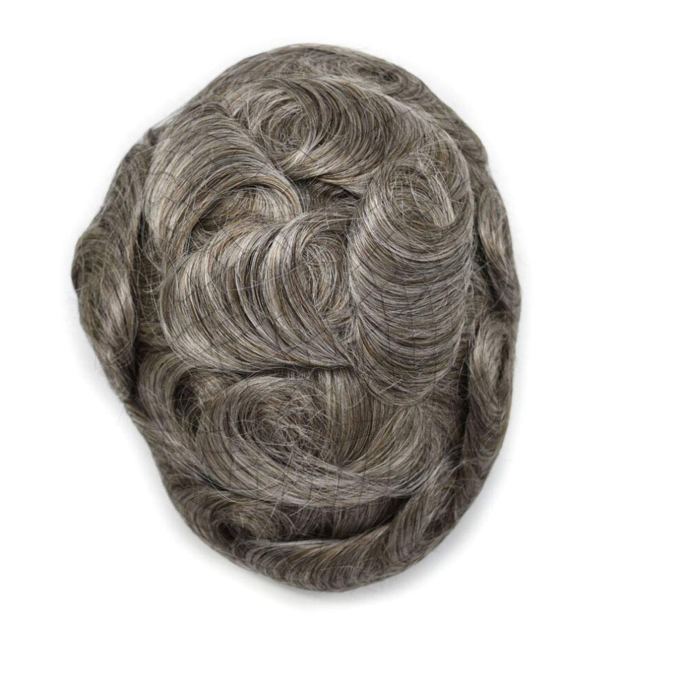 Unisex Brown Mens Toupee Hairpiece With Monofilament Base, 6X8 Inch Remy Human Hair Wig For Men, Dark Gray