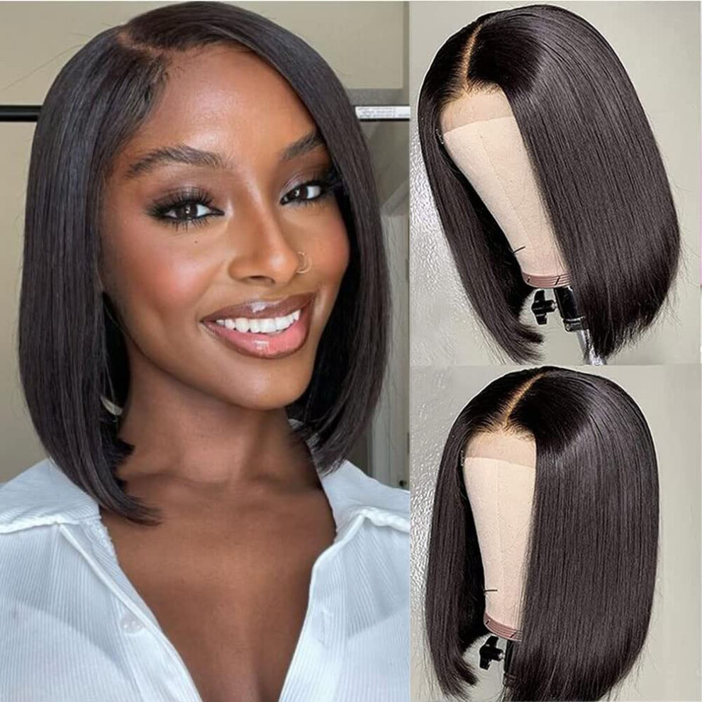 Unisex 14 Inch Straight Bob Wig Human Hair 5X5 Lace Closure Brazilian Virgin Preplucked Bleached Knots