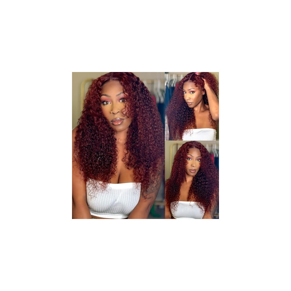 Unisex Red Burgundy Lace Front Wig 99J Curly Human Hair, Brazilian T Part Wine Pre Plucked 22Inch