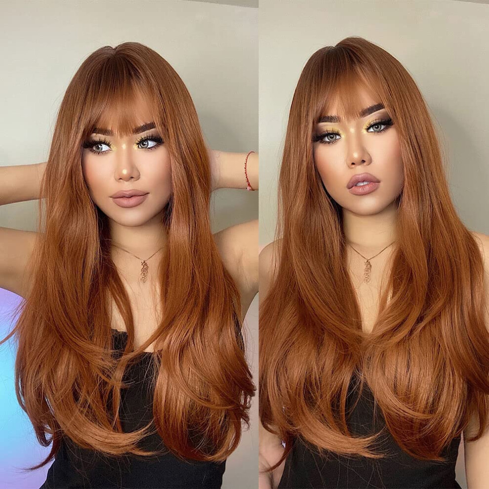 26 Inch Long Straight Wig with Bangs Heat Resistant Synthetic Auburn Copper Ginger for Women