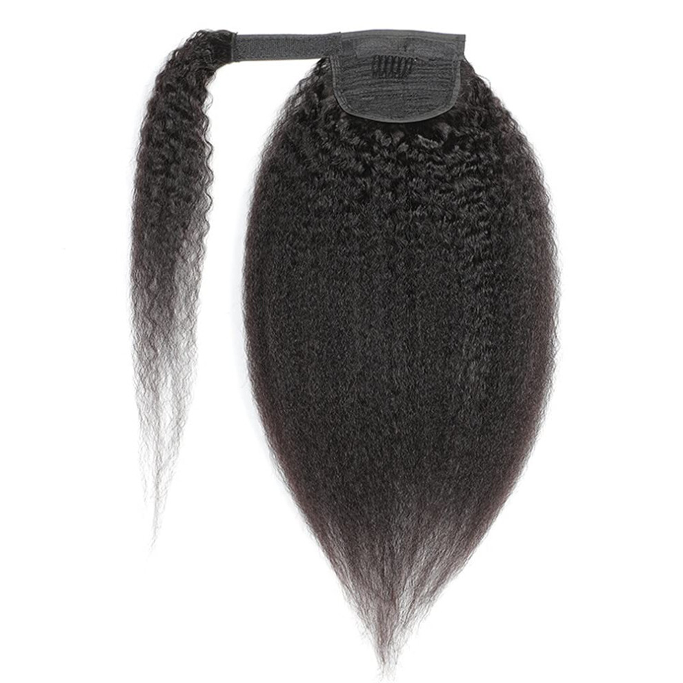 Unisex Black 16 Inch Kinky Straight Wrap Around Clip In Ponytail Hair Extensions 1B Natural Human Hair