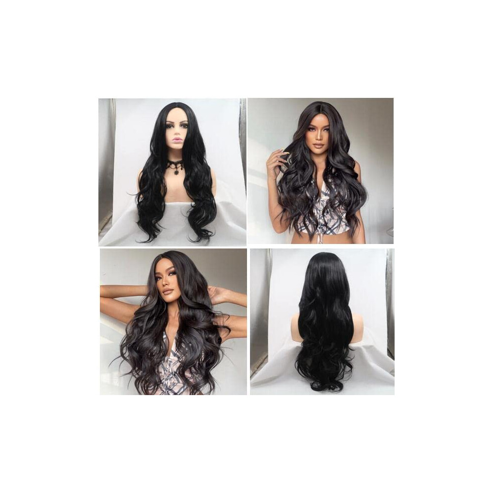24 Inch Long Wavy Natural Black Wig with Natural Hairline Heat Resistant Synthetic for Women