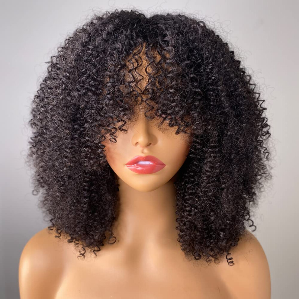 Unisex Black 24 Inch Kinky Curly Human Hair Wig With Bangs Glueless Nolace Brazilian Remy For Women