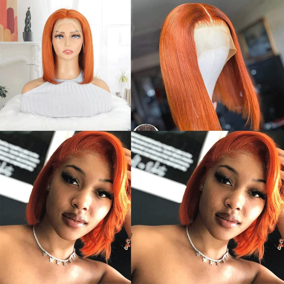 Unisex Orange Ginger 13X4 Lace Front Human Hair Bob Wig Preplucked Hd Lace 180% Density Brazilian Virgin