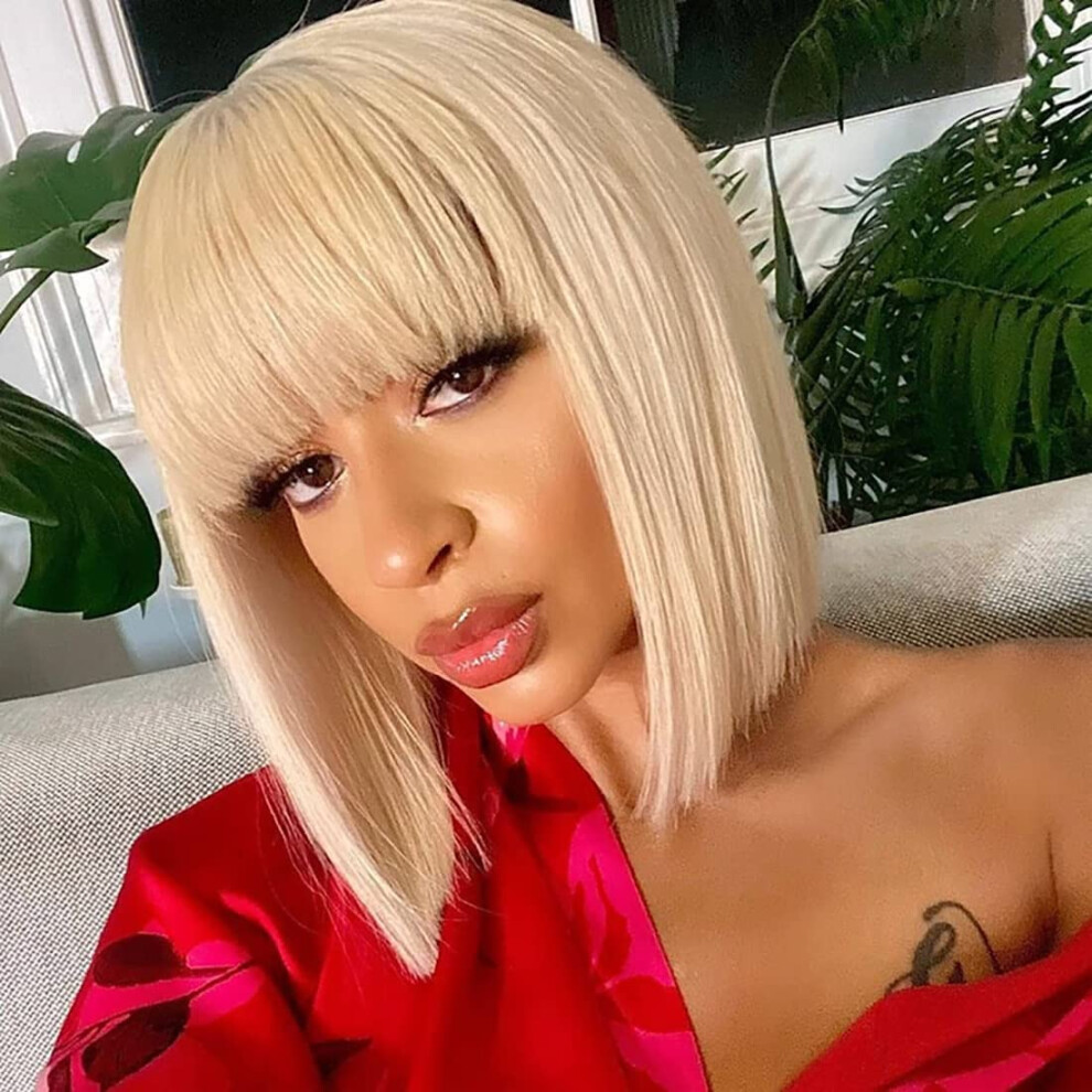 Unisex Black Blonde Bob Wig With Bangs Human Hair 613 Color Brazilian Virgin Short Cut For Women 8 Inch