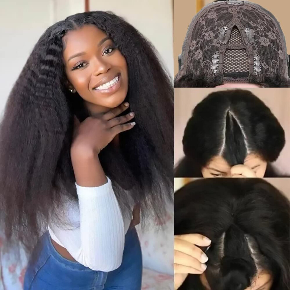 Kinky Straight Human Hair Wig 22 Inch 160 Density No Glue Brazilian Virgin Natural Color V U Part