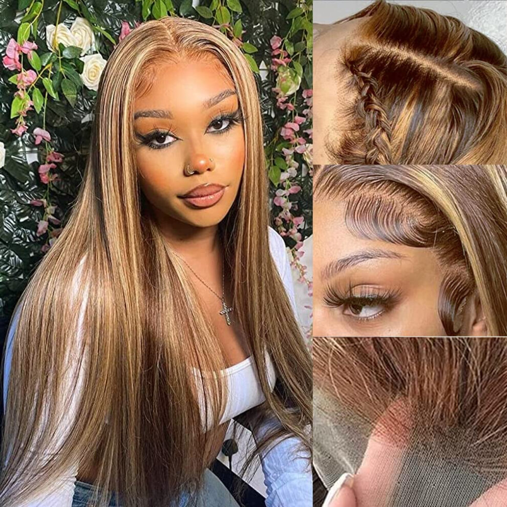 Highlighted Human Hair Wig 13x6 Lace Front Ombre Straight 18 Inch Pre Plucked 180% Density