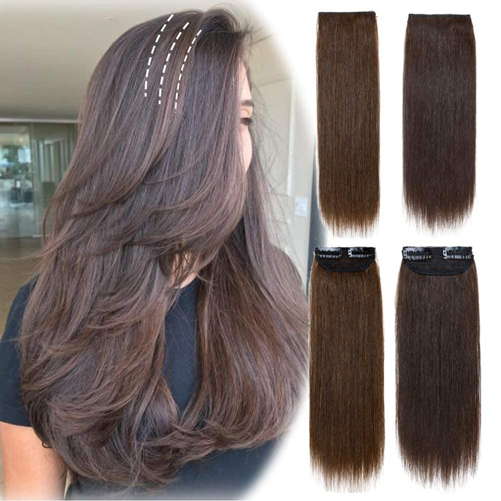 Unisex Brown Medium Clip In Human Hair Extensions Topper For Women Instant Volume Boost Lightweight