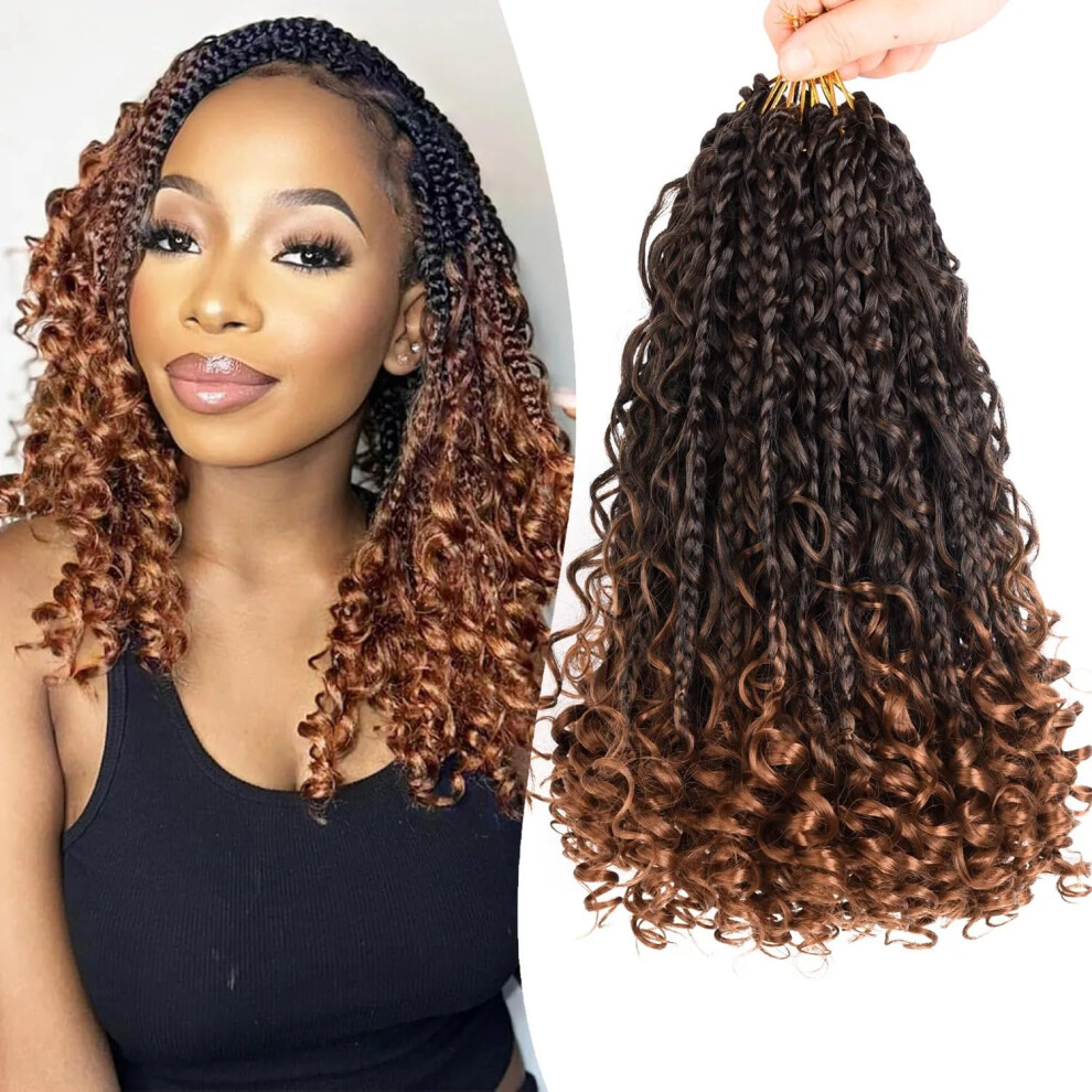 Unisex Crochet Box Braids With Curly Ends 14 Inch Ombre Goddess Prelooped Bohemian Hair Extensions 7 Packs