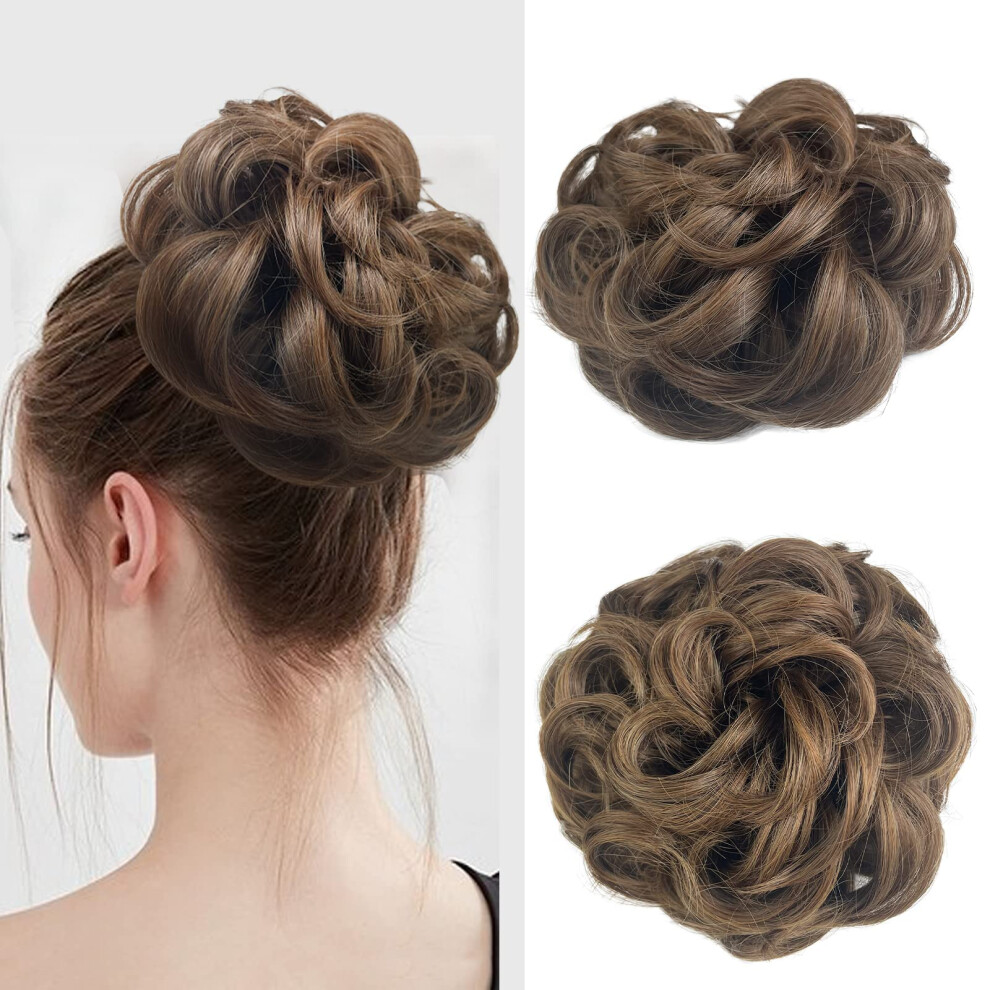 Unisex Brown Light Messy Bun Hair Piece With Wavy Ponytail Extension, Instant Volume Boost For Women