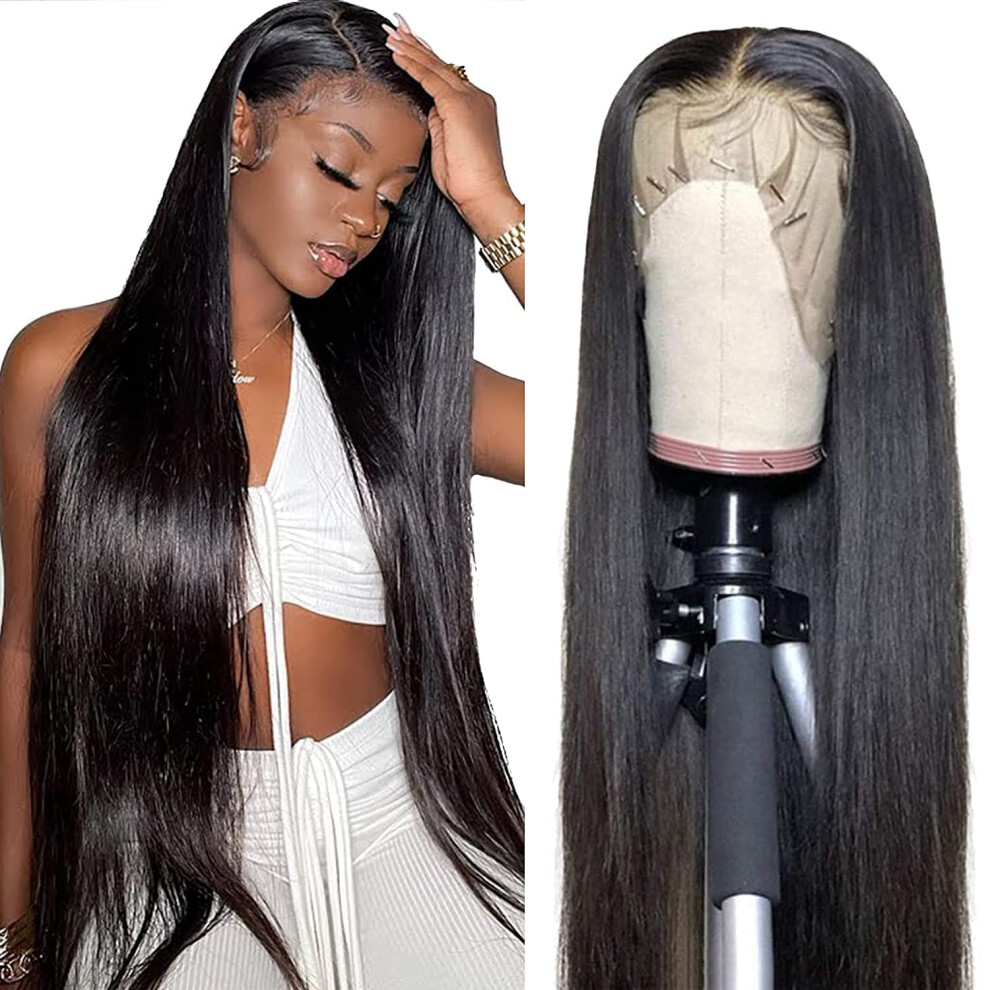Unisex 26 Inch Straight Human Hair Lace Front Wig 220 Density Hd Lace Frontal Glueless Pre Plucked Bleached Knots