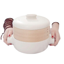 Ceramic Steamer Pot with Lid & Basket, Earthenware Clay Casserole for Healthy Cooking, 1L White