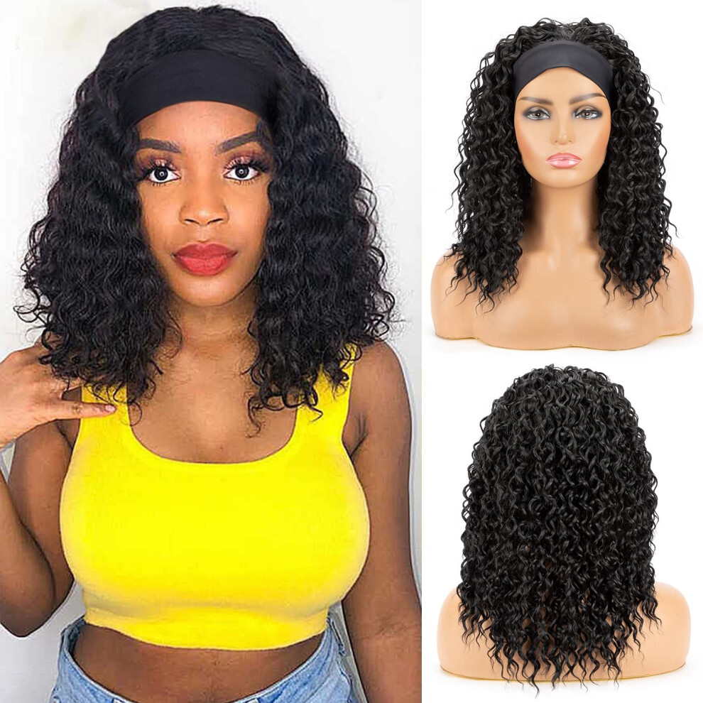 Unisex Black Headband Wig 16 Inch Curly Water Wave Synthetic For Women, Glueless No Lace Natural Look