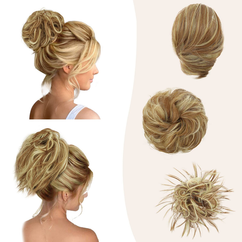 Unisex Brown Messy Bun Hairpiece For Women, Synthetic Hair Bun Extension With Scrunchie, Ginger Blonde