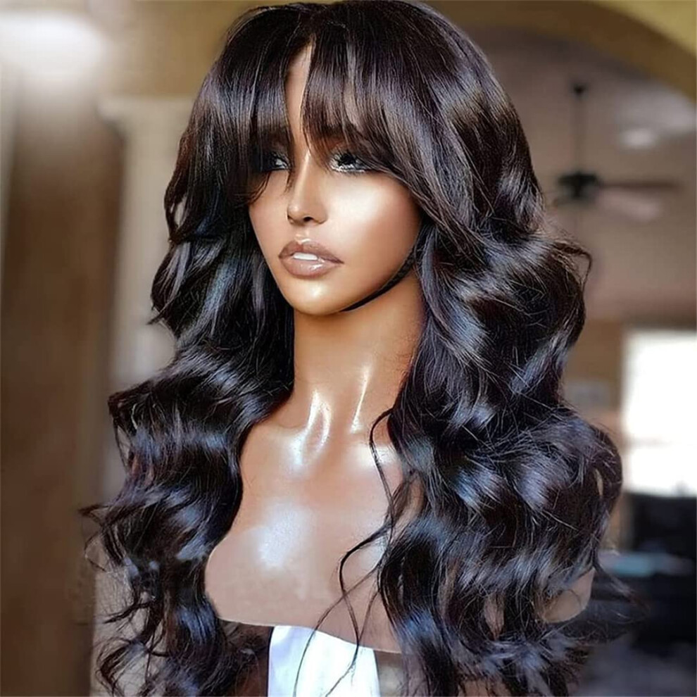 28 Inch Body Wave Lace Front Wig Human Hair with Bangs 150 Density Natural Hairline